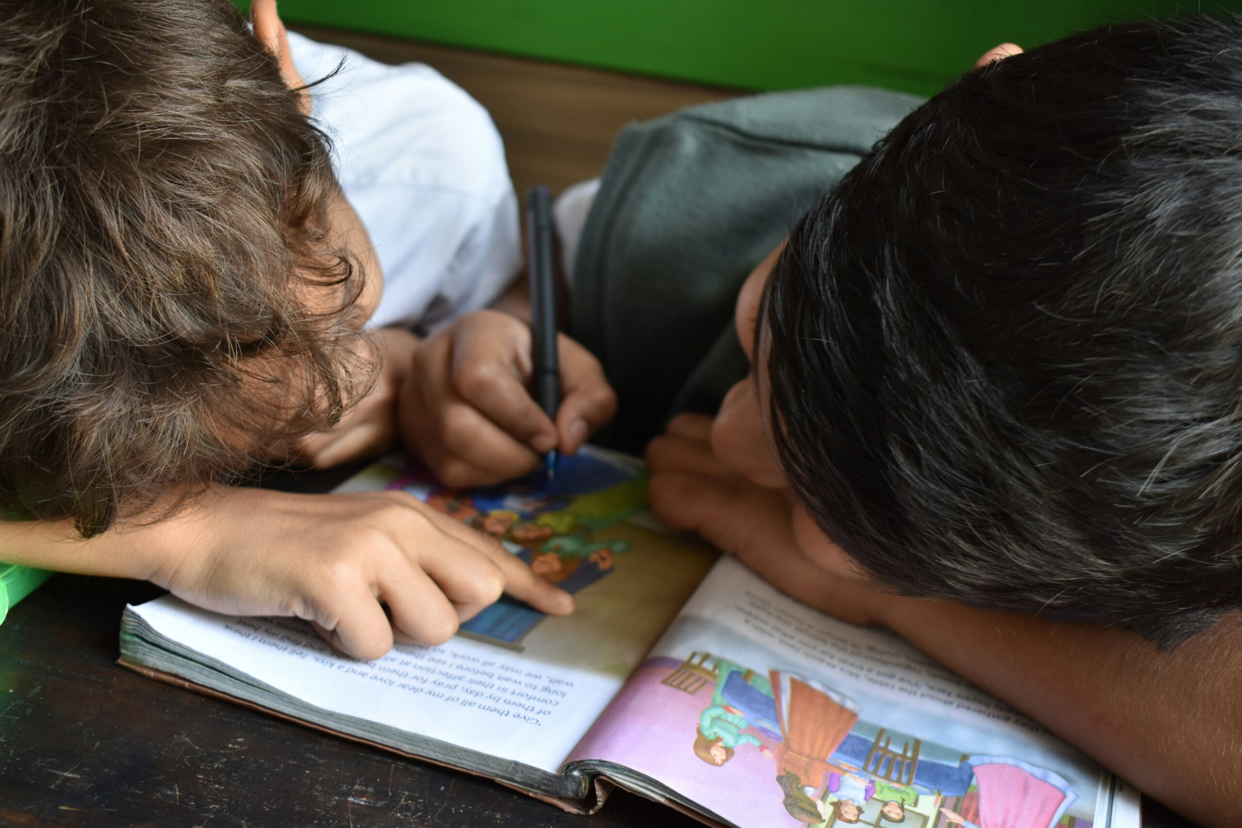 Two boys reading a book